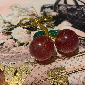 Red Glitter Cherries on Gold Tone Charm - Large Keychain